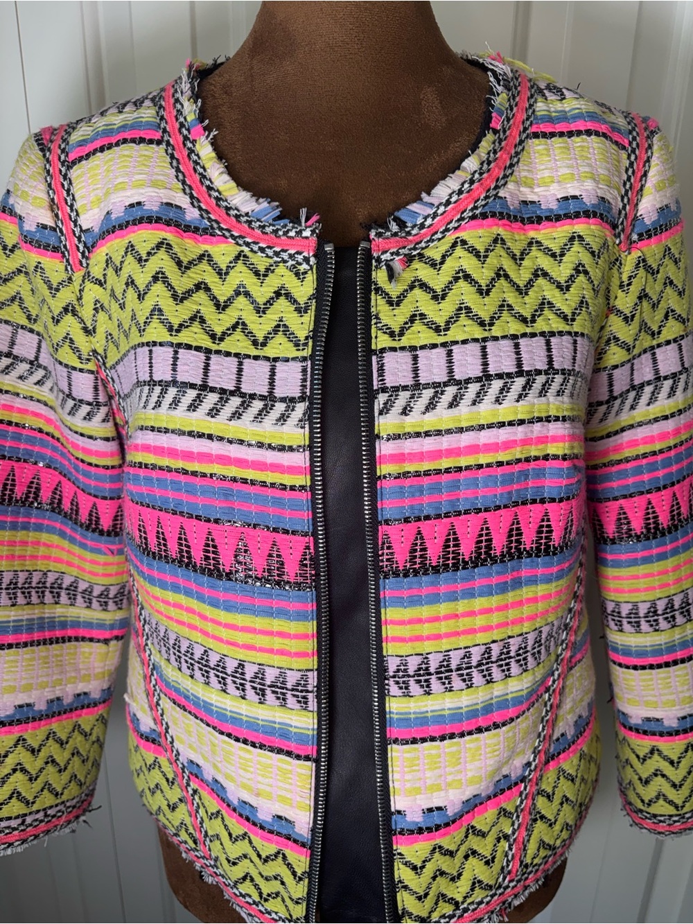 Milly Neon Aztec Tweed Zipper Jacket, Size 2 - Picture 6 of 16